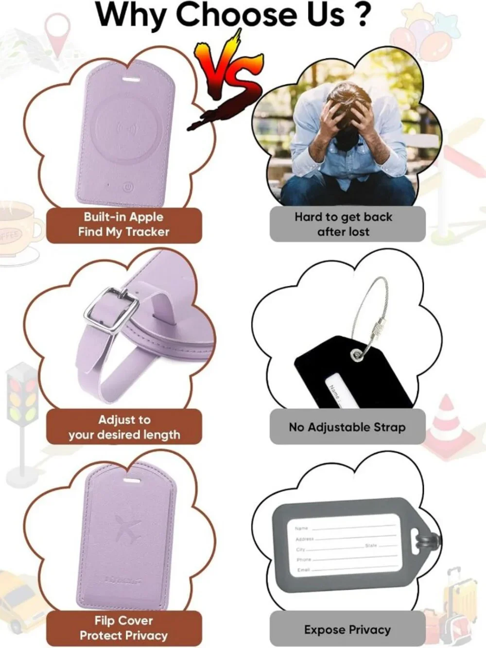 Luxury Leather Luggage Tags with Anti-Loss Tracker for Travel Bags & Suitcases